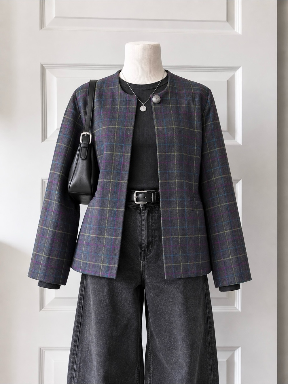 Vintage HBS Plaid Collarless Blazer Jacket Gray Teal Purple Yellow 90s oversized